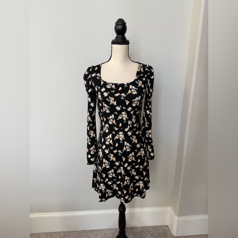 LOFT Black Floral Long Sleeve Mini Dress